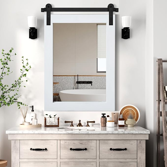 COGOOD Farmhouse Barn Door Mirror - 25 x 38 Rustic Bathroom Mirror for Living Room, Entryway, Vanity Wall Decor (Pure White)