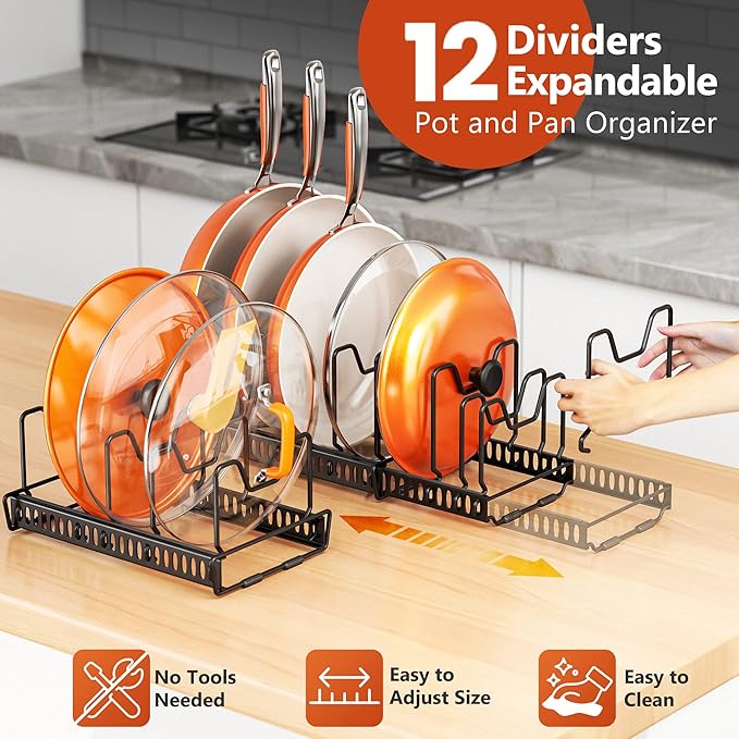 3-Pack Pots and Pans Organizer for Under Cabinet, 2Tier 12 Dividers 3 DIY Method Expandable Easy Install, Kitchen Pot Pan Lid Rack Storage Holder Organizers Inside Cabinet, Bright Black