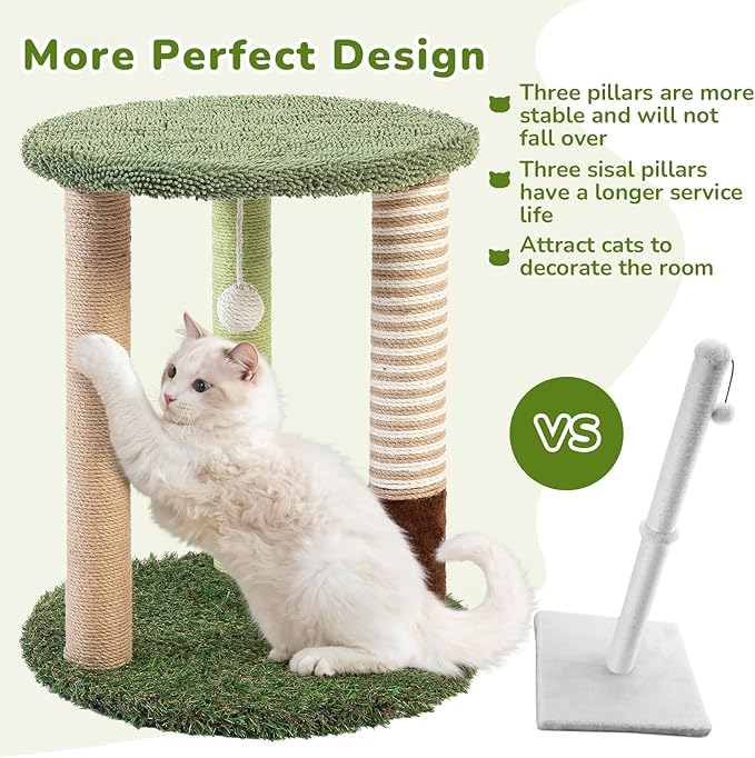 Cat Tree Tower with 3 Scratcher Posts 17inch Tall Cat Tree Sisal Scratching Posts with Fun Cat Toys for Kitty and Adult Cats Small Cat Tower and Perch Bed for Indoor Cats (Green)