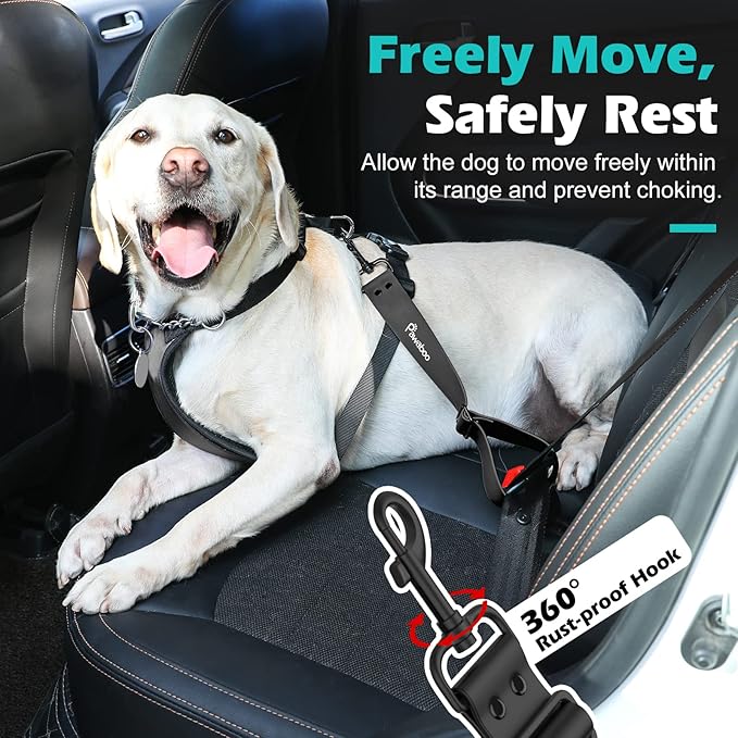 Pawaboo Dog Car Seatbelt, Universal Pet Safety Belt, Chew-Proof Dog Car Restraint with Adjustable Strap, Nylon Woven Belt & PVC Shell Dog Seatbelt Harness, Dog Leash with 360° Hook, 32 in, Black