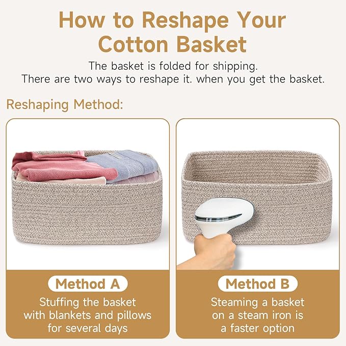 3-Pack Storage Baskets for Organizing | Woven Shelf Toy Basket | Rope Baskets for Gifts Empty | Closet Organizer Bins with Handles | Cube Decorative Box | 13.7×7.1×6.7” | Light Blue
