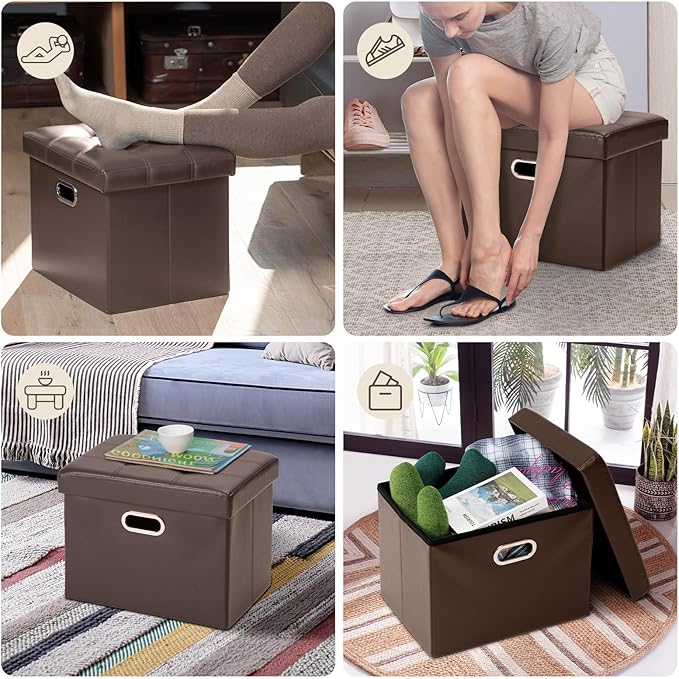 COSYLAND Ottoman with Storage Folding Leather Ottoman Footrest Foot Stool Brown Ottoman for Rooms Small Rectangle Collapsible Bench Furniture with Handles Lid 17x13x13in