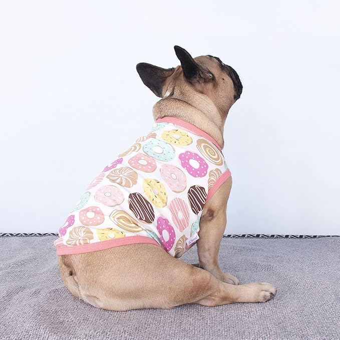 iChoue 100% Breathable Cotton English Bulldog Halloween Cartoon T Shirts Cute Clothes for Medium Large Dogs Vest Tank Tops Terrier Pitbull Donuts - XLarge