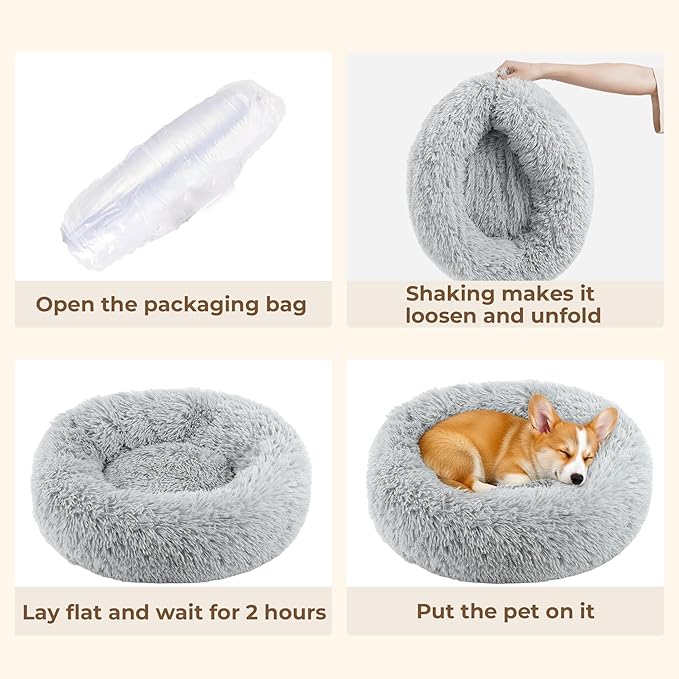 Calming Anti-Anxiety Donuts Dog And Cat Bed, Round Fluffy Soft Washable Pet Bed For Small Medium Dogs And Cats, Cuddler Warming and Comfortable Cushion, Luxury Anti-Slip Waterproof Mute Base 24in Gray