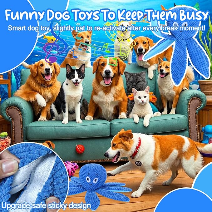 Interactive Dog Toys - Bouncing Octopus Crinkle Tentacles, Music and Recording, Moving Ball for Small/Medium/Large Puppy to Keep Them Busy for Boredom, Smart Motion Activate Pet Toy, Rehargeable