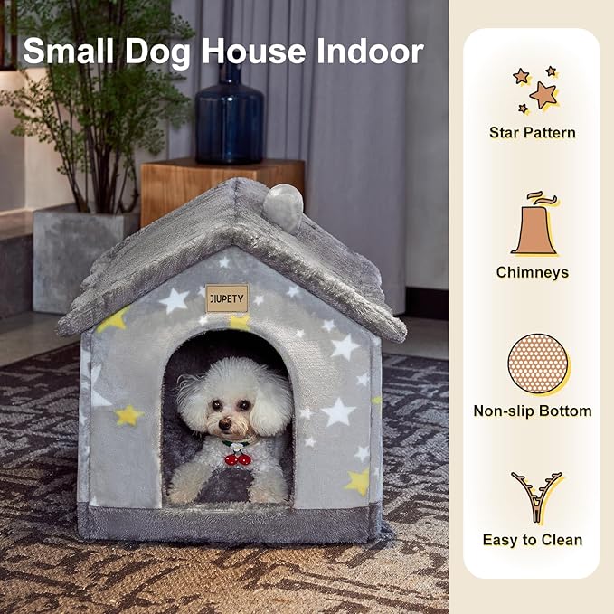 JIUPETY Cute Small Dog House Indoor, Foldable House Kennel Bed Mat with Cushion, L Size Dog Tent for 11-16 lb Dogs and 18-22 lb Cats, Dog Cave Bed with Non-Slip Bottom, Grey