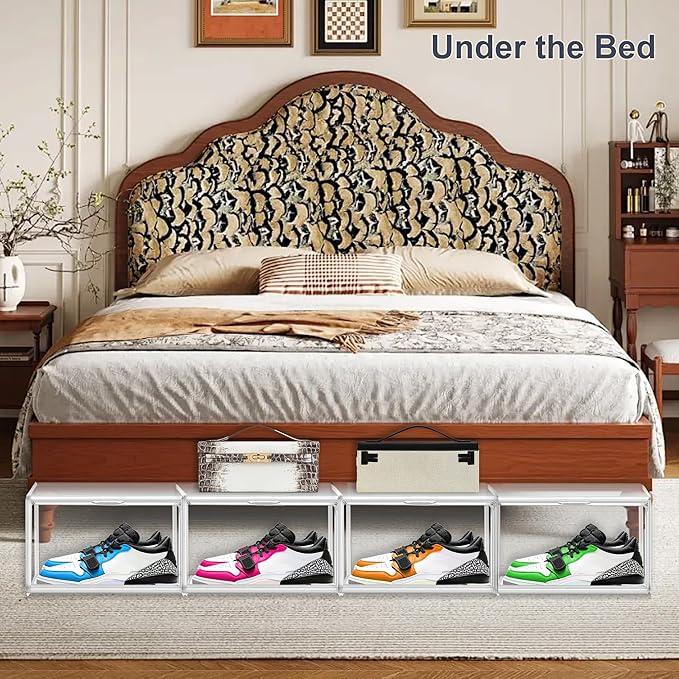 5 Pack Clear Shoe Boxes Size 12 Shoe Storage Organizer for Closet Stackable Shoes Rack Handbag Organizer Plastic Sneaker Storage Bin with Magnetic lids