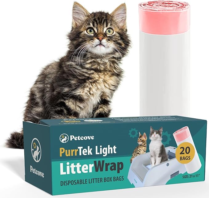PurrTek Light Cat Litter Box Liners — LitterWrap Drawstring Bags for Automatic & Self-Cleaning Litter Boxes | Precision Fit, Jumbo Heavy-Duty, Leak-Proof, Unscented Odor Control, Replacement Refills