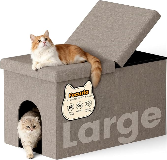 3-in-1 Cat Litter Box Enclosure with Odor Control, Multi-Functional Hidden Litter Box Furniture Bench, Dog Proof, Space-Saving Ottoman Cabinet with Flip-Up Lid, Storage Footrest, Light Grey