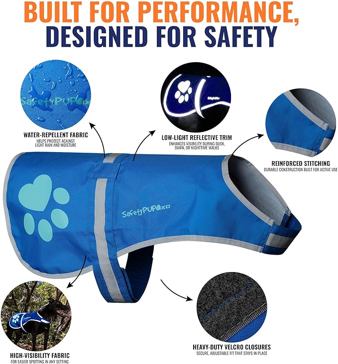 SafetyPUP XD Dog Reflective Vest – Hi-Vis Fluorescent Visibility That Helps to Safeguard Your Pet On/Off Leash in Urban & Rural Areas (Blue, Large)