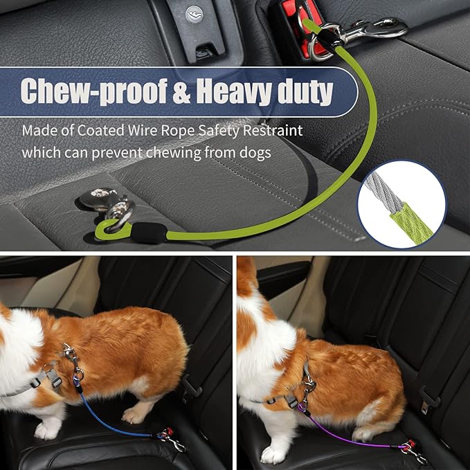 Dog Seat Belt Harness for Car,Dog Seatbelt of Coated Wire Leash Safety Restraint,No Chew Tether Cable Vehicle,Double Clips & Latch(Green, 16 inch/40 CM)