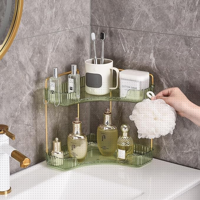 2-Tier Corner Bathroom Organizer Countertop with Hooks, Bathroom Sink Corner Vanity Storage for Makeup, Skincare and Perfume (Green Gold)