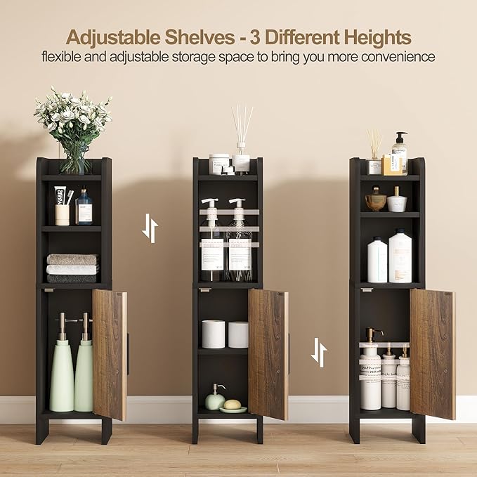 Small Bathroom Storage Corner Floor Cabinet Narrow Toilet Paper Cabinet with Adjustable Shelves Wooden Slim Bathroom Organizers and Storage with Fluted Door for Small Spaces, Black