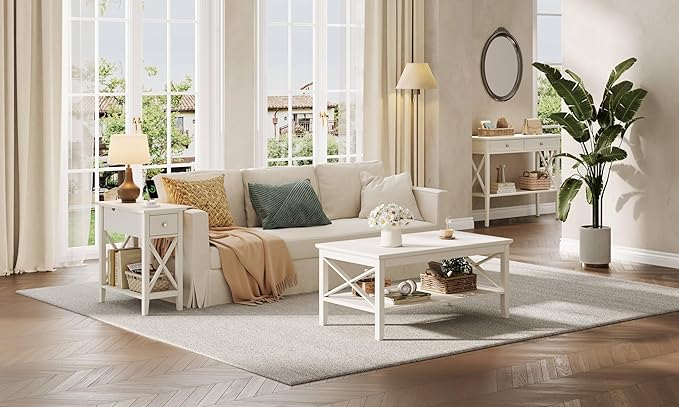 ChooChoo End Table with Charging Station, Narrow Side Table with USB Ports and Outlets, Nightstand with Drawer, for Small Spaces, Bedside Tables for Living Room, White