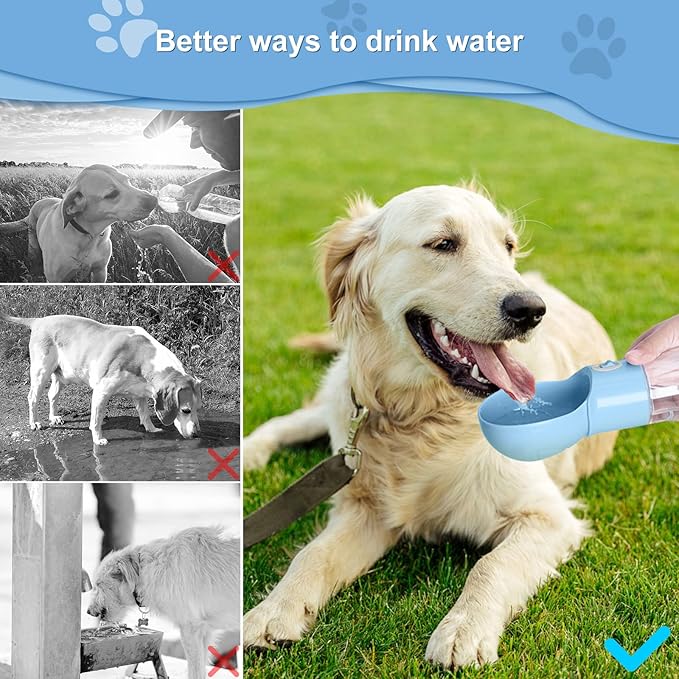 Dog Water Bottle with Food Container, Portable Dogs Water Dispenser, Outdoor Drink Bottles for Puppy, Cat, Pet, Essential Items for Travel, Walking, Hiking, Dog Accessories (Blue, with Food Container)