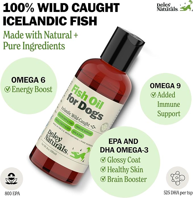 Deley Naturals Fish Oil for Dogs - Itch Relief for Dogs with Omega 3 6 9 for Skin, Joints, Heart and Brain Health - Icelandic Omega 3 Fish Oil for Dogs Skin Irritation - 4oz Omega Oil Made in USA