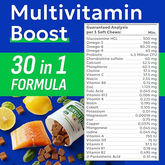 BARK&SPARK Dog Vitamins & Supplements - Multivitamin Chewable Treats for Dogs - Glucosamine Chondroitin for Joint Support + Omega for Skin & Coat + Probiotics - Multi Vitamin for Pets Health - 60Ct