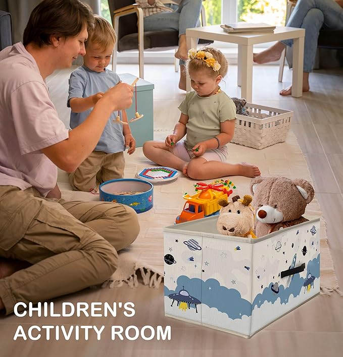 Nogrit Blue Space Storage Bins Box, Toybox for Boys, Outer Space Planets Spacecraft Foldable Baskets Organizer Container with Handles for Kids Boys Bedroom Bathroom Clothes Toys Books