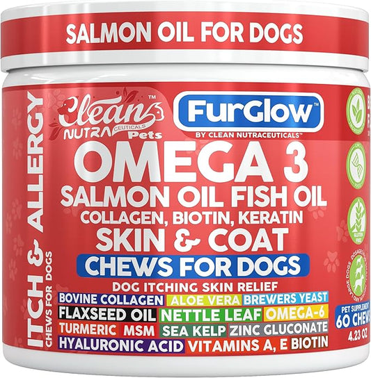 FurGlow Skin and Coat Supplement for Dogs Salmon Oil Omega 3 Fish Oil Turmeric Collagen Aloe Vera Flaxseed Oil Hyaluronic Acid Biotin Keratin Aloe Vera Allergy Relief Beef Flavor | Clean Nutra Pets