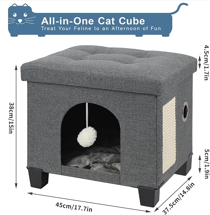 BRIAN & DANY Foldable Cat House for Indoor Cats, Large Cat Cube for Pet Cave with Scratch Board & Ball, 17.7 x 14.8 x 15 inches, Gray (Large)