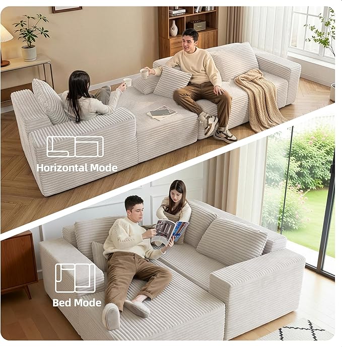 Claiks Boneless Couch, Cloud Couch Sectional, L-Shape Corduroy Modular Sectional Sofa Deep Seat, Upholstered Couches for Living Room, No Assembly Required, Beige, Left Facing Chaise