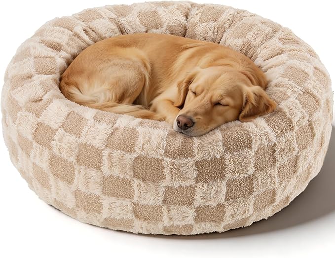 Dog Calming Beds for Small Medium Large Dogs - Round Donut Washable Puppy Dog Bed, Anti-Slip Faux Fur Fluffy Donut Cuddle Anxiety Cat Pet Bed (36" Grid)