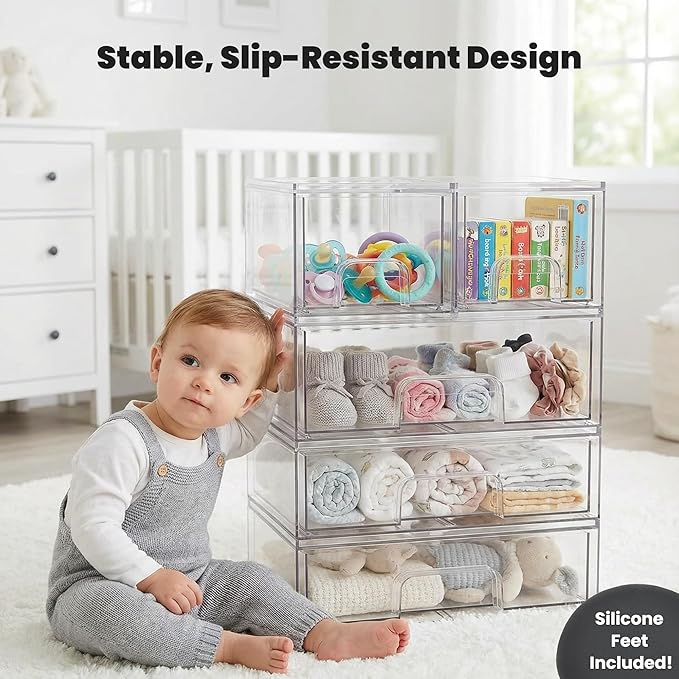 Clear Baby Bottle Organizer For Cabinet, Storage Bins with Pull-Out Drawers, 6-Pack Organizer Set with Labels, Premium PET Plastic Storage Organizer for Pantry, Bathroom, Vanity, Countertop