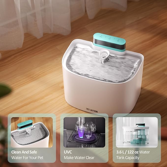 PET LAYSON Pumpless Cat Water Fountain,App Remote Control Smart Cordless Battery Operated 3.6L/122oz Wireless 2.4GHz Wi-Fi Networks Rechargeable Water Dispenser (White, M1Pro-8 Filter)