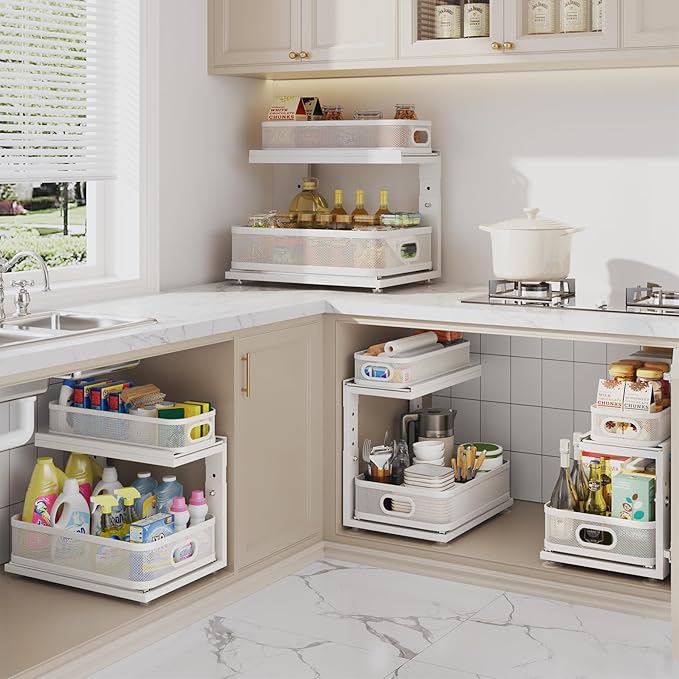 4 Pack Under Sink Organizer With Next-Gen Ball-Bearing Slides,2-Tier Precision Mesh Pull Out Cabinet Drawers Storage for Bathroom&Kitchen,Height Adjustable Shelf,Rust-resistant-White