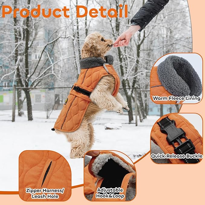 Dog Coats, Warm Puppy Apparel with Fleece Lining for Cold Weather, Windproof Medium Dog Winter Jacket, Reflective Dogs Snow Coat with Leash Hole and Adjustable Buckle, NewOrange M