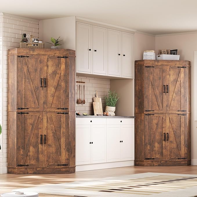 Corner Cabinet,71'' Kitchen Pantry Storage Cabinet with 4 Doors and Shelves, Tall Food Pantry Storage Cabinet Farmhouse Furniture for Kitchen Dining Room, Brown
