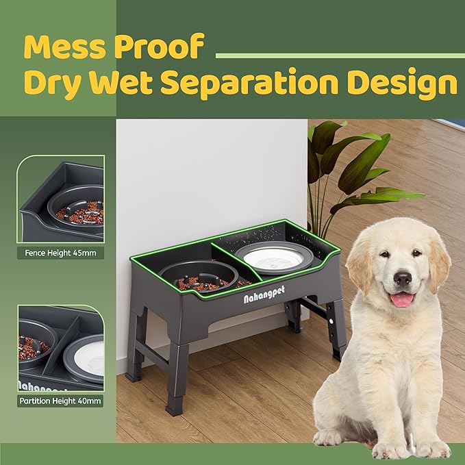 2-in-1 Elevated Dog Bowls, Mess-Proof Slow Feeder with No-Spill Water Bowl, 4 Height Adjustable, 2 Combination Options, Raised Bowl for Small, Medium & Large Dogs (Grey)