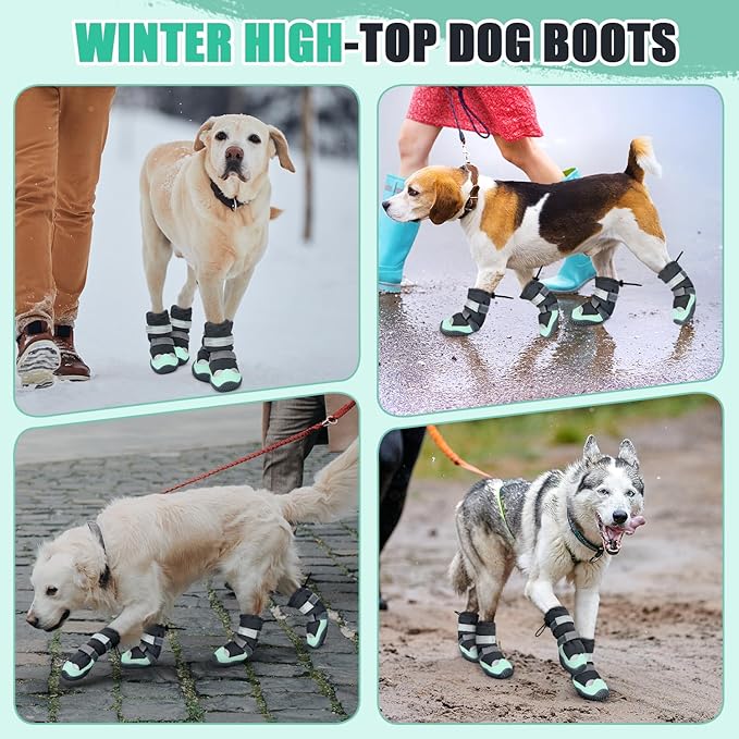 Lukovee Dog Shoes - Waterproof Fleece Lined Dog Boots for Large Small Medium Dogs, Reflective Booties with Non-Slip Rubber Sole for Rain Winter Cold Weather (Green,Size 7)