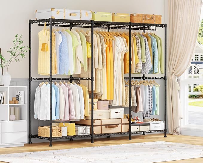 E14 Pro Heavy Duty Clothes Rack，Freestanding Clothing Racks for Hanging Clothes，Adjustable Closet Organizers and Storage，Metal Garment Rack with Shelves 69"W x16"D x77"H，Max Load 960LBS，Black