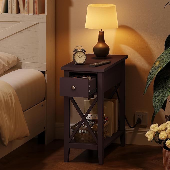 ChooChoo End Table with Charging Station, Narrow Side Table with USB Ports and Outlets, Nightstand with Drawer, for Small Spaces, Bedside Tables for Living Room, Espresso