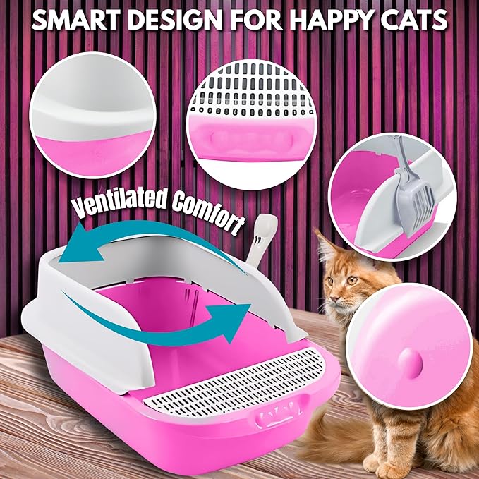 Large Open-Top Cat Litter Box with High Sides, Enclosed Scatter Shield Design, Easy Clean Plastic Litter Pan, Includes Scoop (Pink)