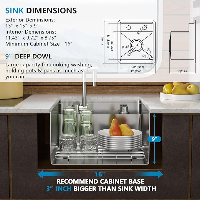 13"x15" Undermount RV Kitchen Sink – 16 Gauge 304 Stainless Steel Under Counter Single Bowl Sink Basin with Foldable Faucet for RV, Camper, Mobile Home, Wet Bar, Outdoor Kitchen