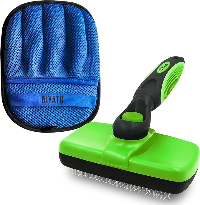 A De-Shedding Brush and a Magic Pet Hair Remover Glove Set. A Self Cleaning Brush for Short Haired and Long Haired Dogs and Indoor Cats. A Grooming Comb and a Mitt with Improved Design.