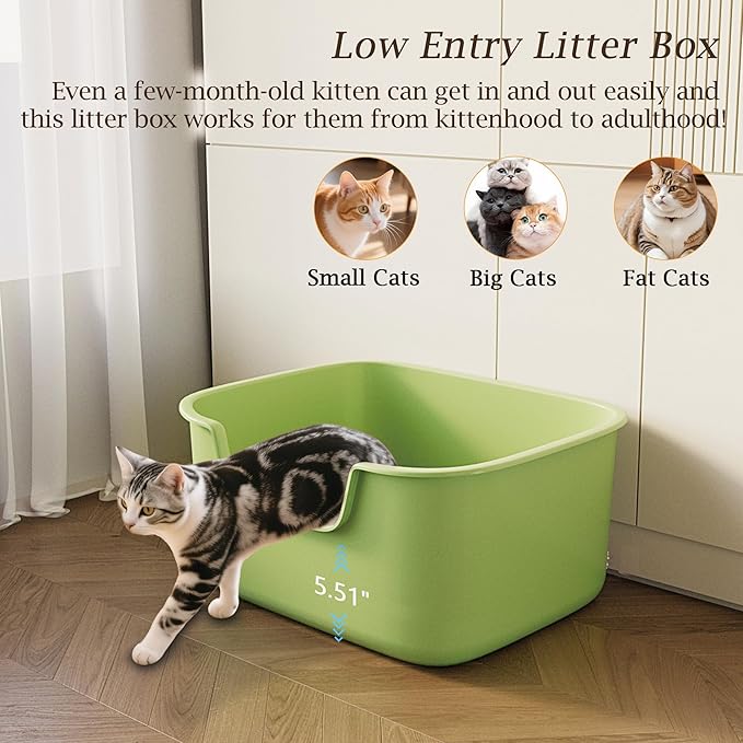 Large Cat Litter Box with High Sides, Side Entry Open Top Deep Tall Litter Pan, Kitty Litter Box for Indoor Small and Medium Cats, Green (Anti-Splashing) 19.7" L x 15.4" W x 8.6" H