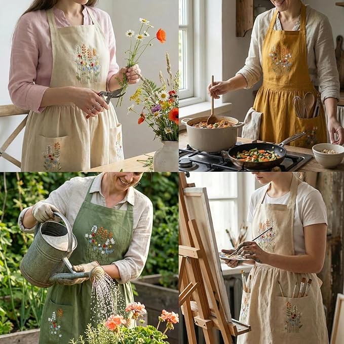 Linen Apron with Hand Embroidered Floral Design, Natural Fabric Apron for Kitchen, Linen Apron with Pockets, Cooking, Baking, Gardening, Florist, Elegant Gift for Women, Chefs, Artists