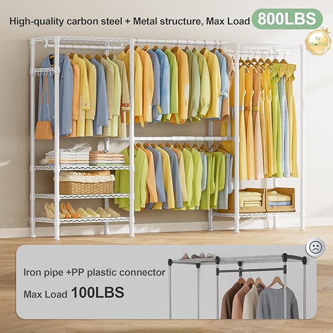 SEMHOR E06 Expandable Heavy Duty Clothes Rack for Reach-in Closet, Large Freestanding Clothing Racks with Shelves, Carbon Steel Closet System Adjustable from 70.8-93.9", Max Load 800LBS, White