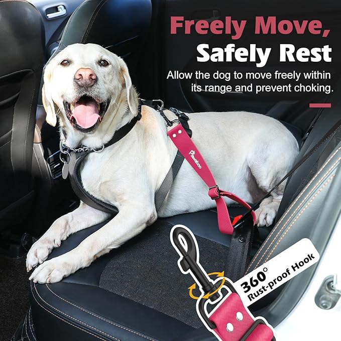 Pawaboo Dog Car Seatbelt, Universal Pet Safety Belt, Chew-Proof Dog Car Restraint with Adjustable Strap, Nylon Woven Belt & PVC Shell Dog Seatbelt, Dog Leash with 360° Hook,20 in, 2 Pack, Pink + Black