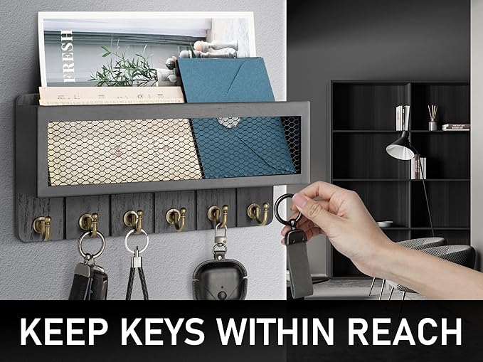 Rebee Vision Decorative Key and Mail Holder for Wall: Farmhouse Wall Mount Sorter with Storage Basket and 6 Retro Key Hooks - Wooden Mail Holder for Office, Appartment, Home Decor (Modern Black)