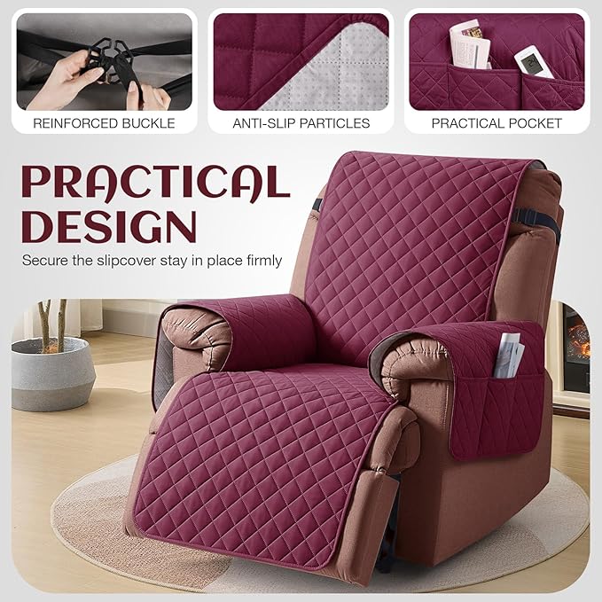 KinCam 100% Waterproof Recliner Chair Cover, Reclining Couch Covers for Pets, Dogs, Recliner Couch Slipcover Furniture Protector with Elastic Straps for Kids(25", Burgundy)