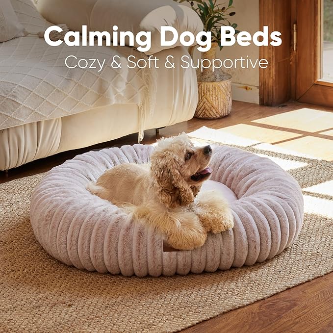 FUKUMARU Small Dog Bed, Gradient Color Donut Dog Beds for Anxious Puppies, 25 inches Calming Orthopedic Dog Beds, Round Pet Beds with Washable Cover, Cute Cat Bed for Indoor Cats, Pink