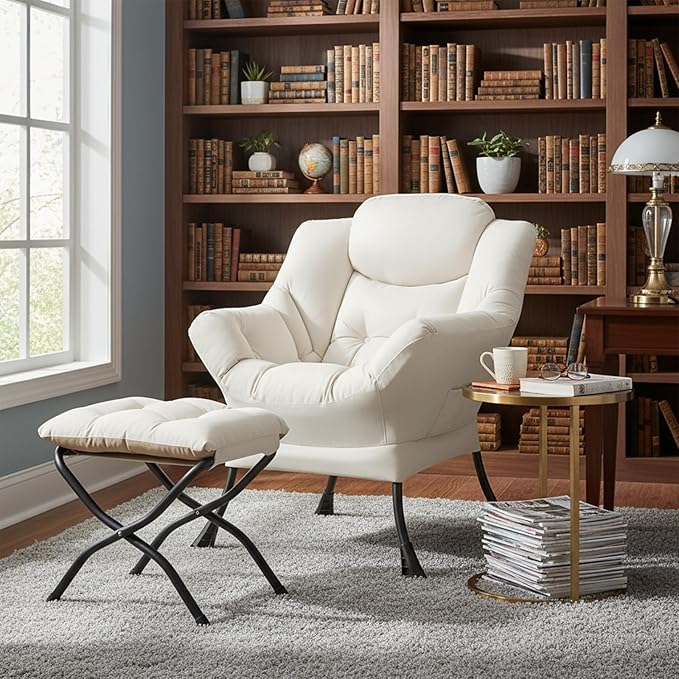 Welnow Lazy Chair with Ottoman, Modern Reading Lounge Accent Chair with Armrests and a Side Pocket, Leisure Upholstered Lazy Sofa Set with Footrest for Small Space, Beige