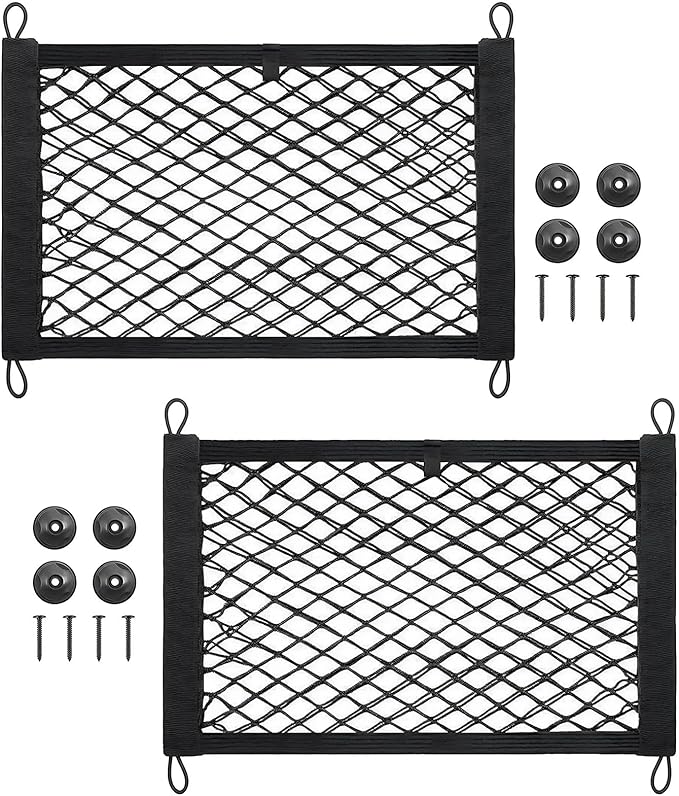 2 Pcs Small Cargo Net, Mesh Pocket Elastic Cargo Net Stretchable Car Net Pocket Storage with 8 Mounting Screws and Hooks for SUV/Car/Truck/RV/Boat（17.7 ×9.8in）