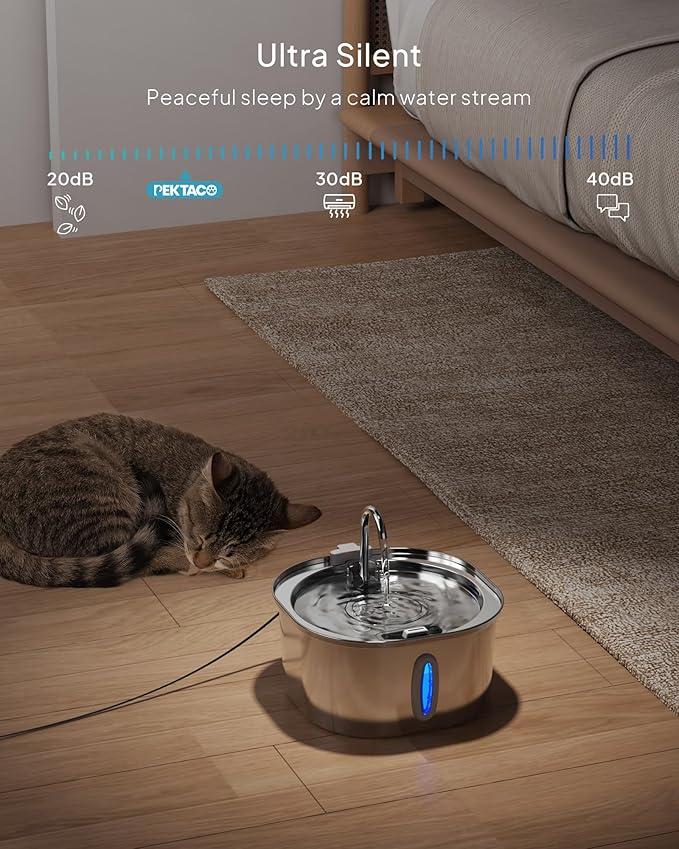 PEKTACO Stainless Steel Cat Water Fountain, 3.2L/108oz Cat Water Dispenser with Quiet Water Pump, Dishwasher Safe Pet Drinking Fountain for Cats with 3 Filters + 3 Sponges