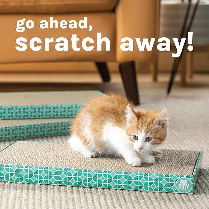 Kitty City Cat Scratcher– 2-Pack Durable Corrugated Cardboard Scratch Pads with Catnip – Double-Sided for Longer Use, Cat Claw Maintenance & Furniture Protection - Size: 10" x 18"