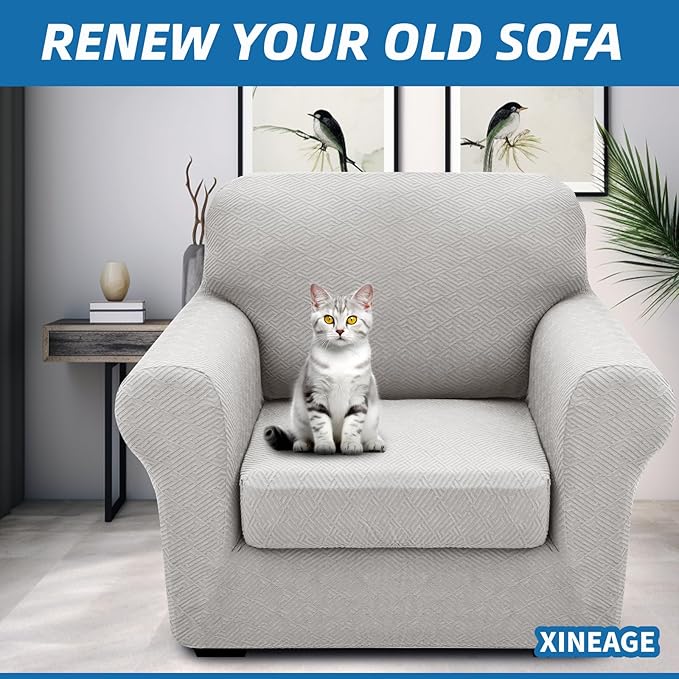 XINEAGE 2025 New 2 Pieces Chair Covers with Arms Super Stretch Chair Slipcover for Living Room Pet Dog Universal Slip Cover Anti Slip Armchair Furniture Protector (Silver Grey), 31"-46"(1 Cushion)
